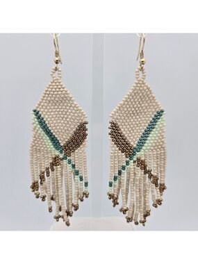Ink + Alloy Handmade Green Gold Beaded Fringe Designer Earrings 3.5''